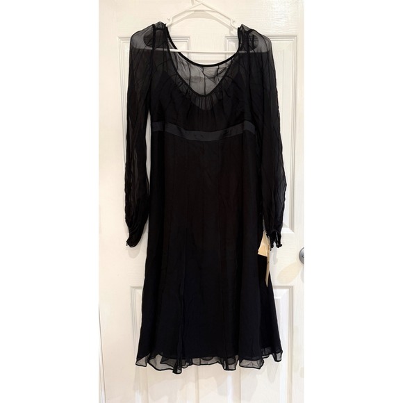 Anne Klein Silk Dress Long Sleeve Sheer Black Cocktail Party Dress Size 6 - Picture 1 of 4